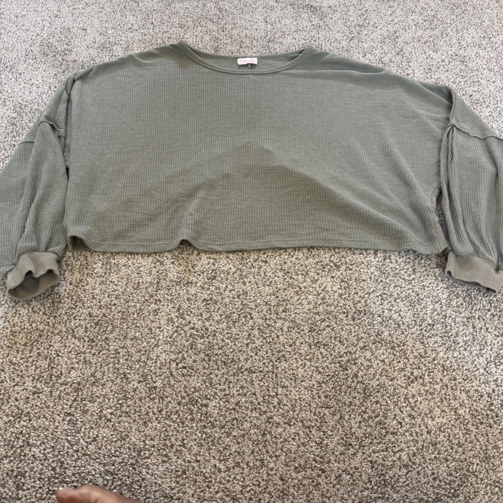 Sage Green Waffle Knit Oversized Cropped Pullover Top long sleeve boxy slouchy